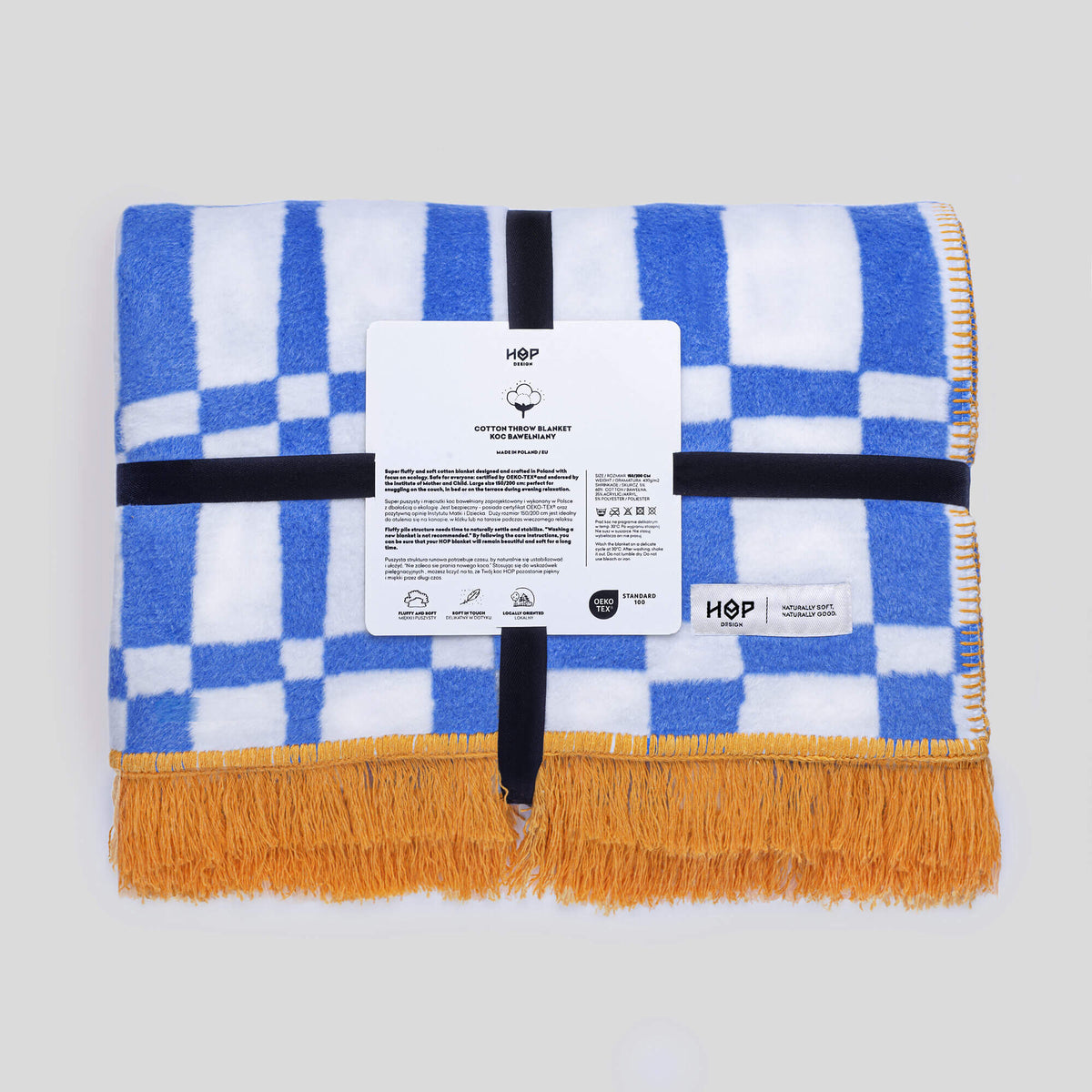 Koc bawełniany SOFT krata niebiesko-biała – Hop Design, złożony